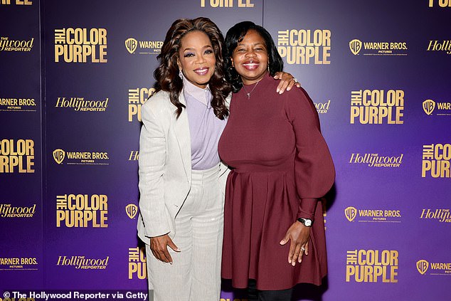 Oprah went glam for the evening and paired her makeup with her lilac outfit, opting for purple eyeshadow and pink lipstick