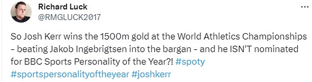 1702377688 137 Fans claim 1500m world champion Josh Kerr has been robbed