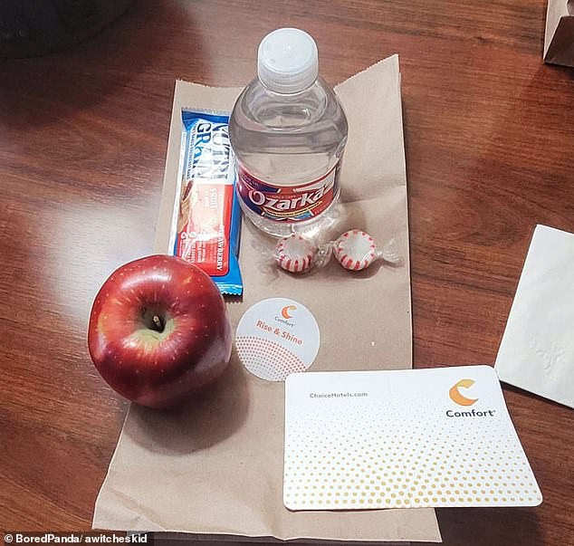 A continental hotel breakfast should include pastries and cereal, but a disgruntled customer in Arkansas was offered an apple, a cereal bar and mints