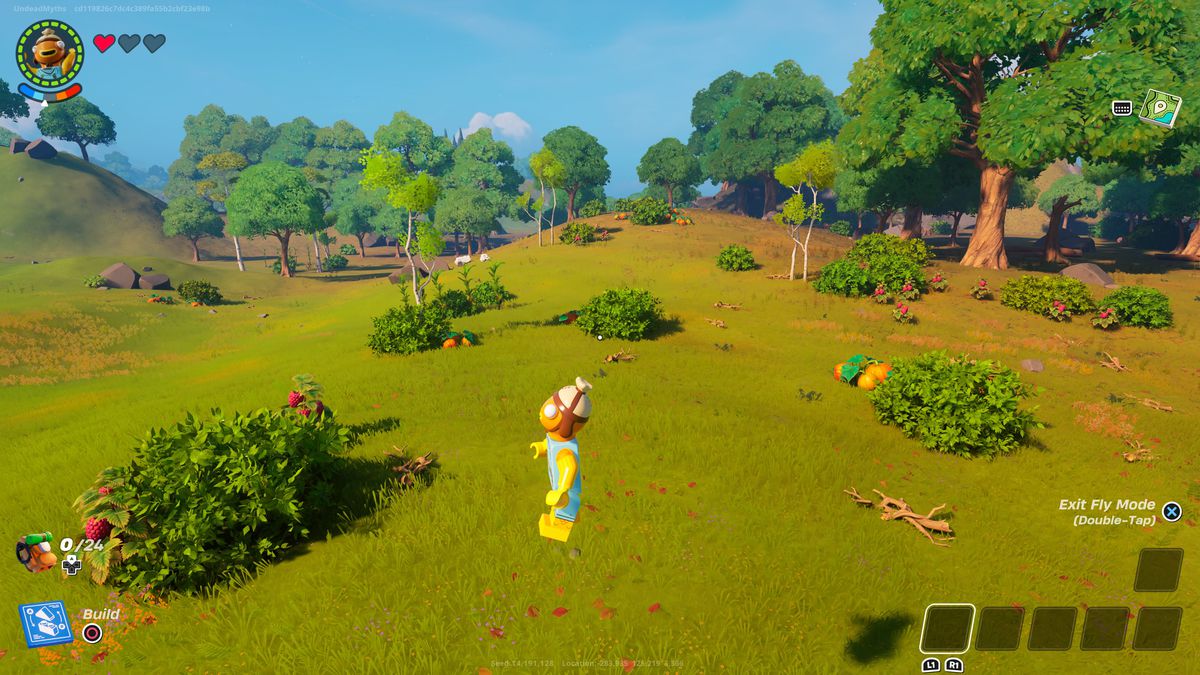 A Lego Fortnite character jumps into a field in one of the best seeds in Lego Fortnite.