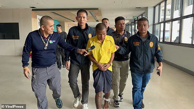 Theft inmate Thanaphat Mayod, 37, (pictured, center) was admitted to Bang Lamung Hospital in Chonburi province on December 6 when his genitals swelled painfully due to penis enlargement injections becoming infected