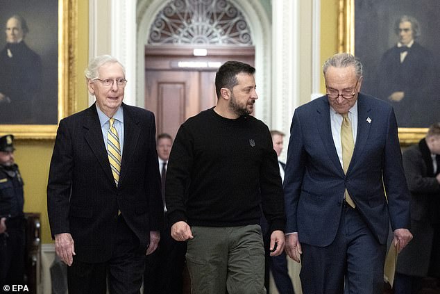 Senate Republican Leader Mitch McConnell — seen with President Zelensky and Senate Majority Leader Chuck Schumer at the Capitol — told his senators the talks are going nowhere