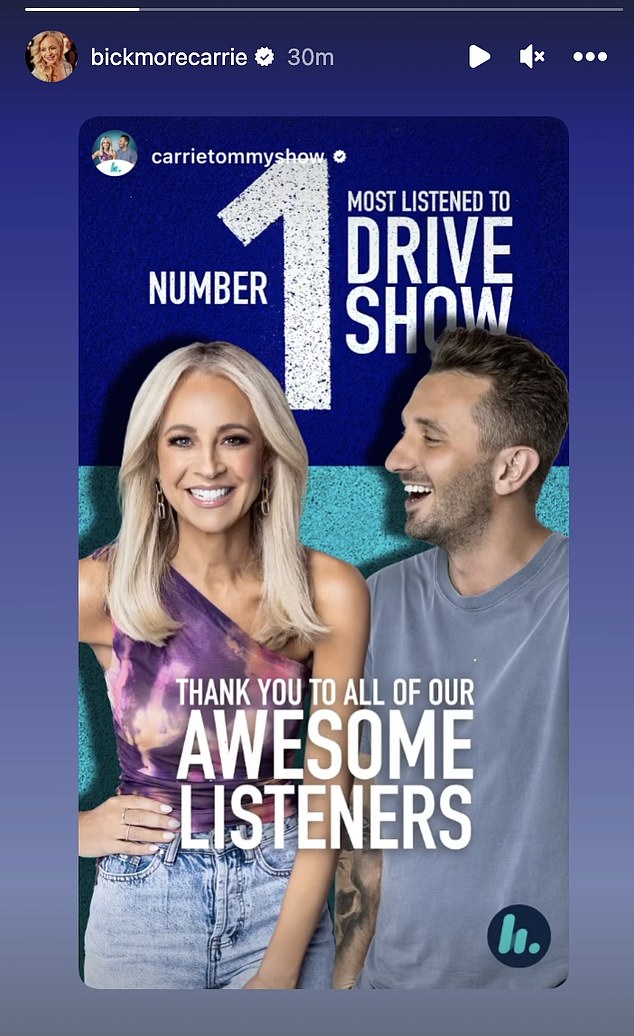 Last month, the radio duo's show 'Carrie & Tommy' was announced as the number one drive-time show nationally