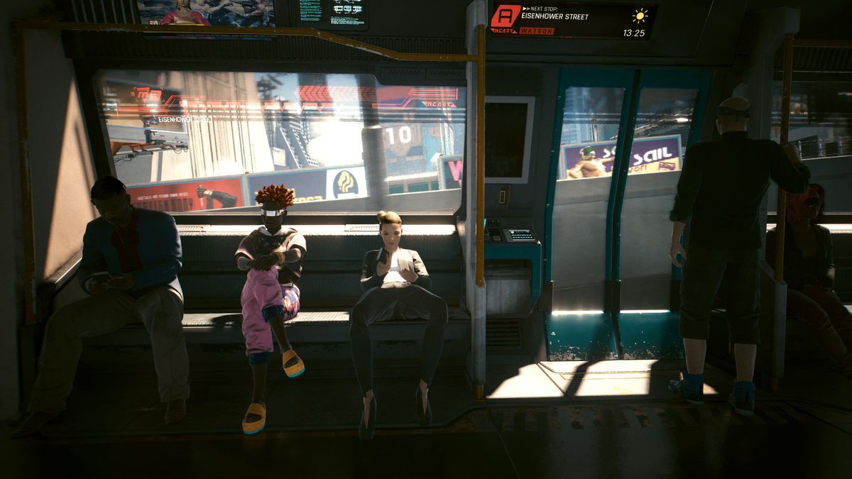 Several futuristic passengers wait patiently in a subway train.