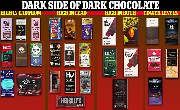 The image above shows the 28 chocolate bars tested by the New York-based nonprofit Consumer Reports.  They were all found to contain lead and cadmium.  Consumer Reports compared the levels of the heavy metal in about an ounce of chocolate to the recommended daily exposure levels from the Californian Office of Environmental Health Hazard Assessment