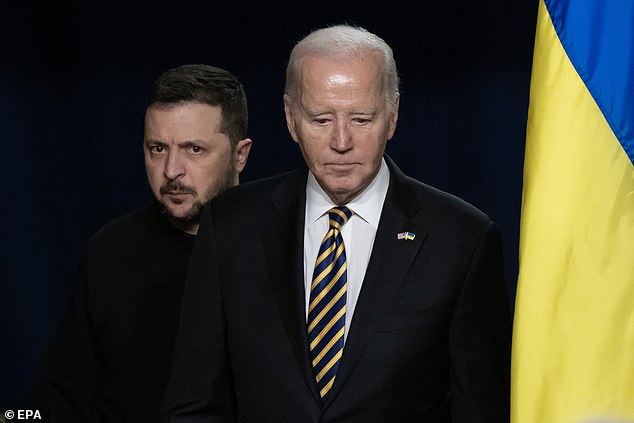 Biden and Zelensky enter the room to hold a joint press conference in the Indian Treaty Room