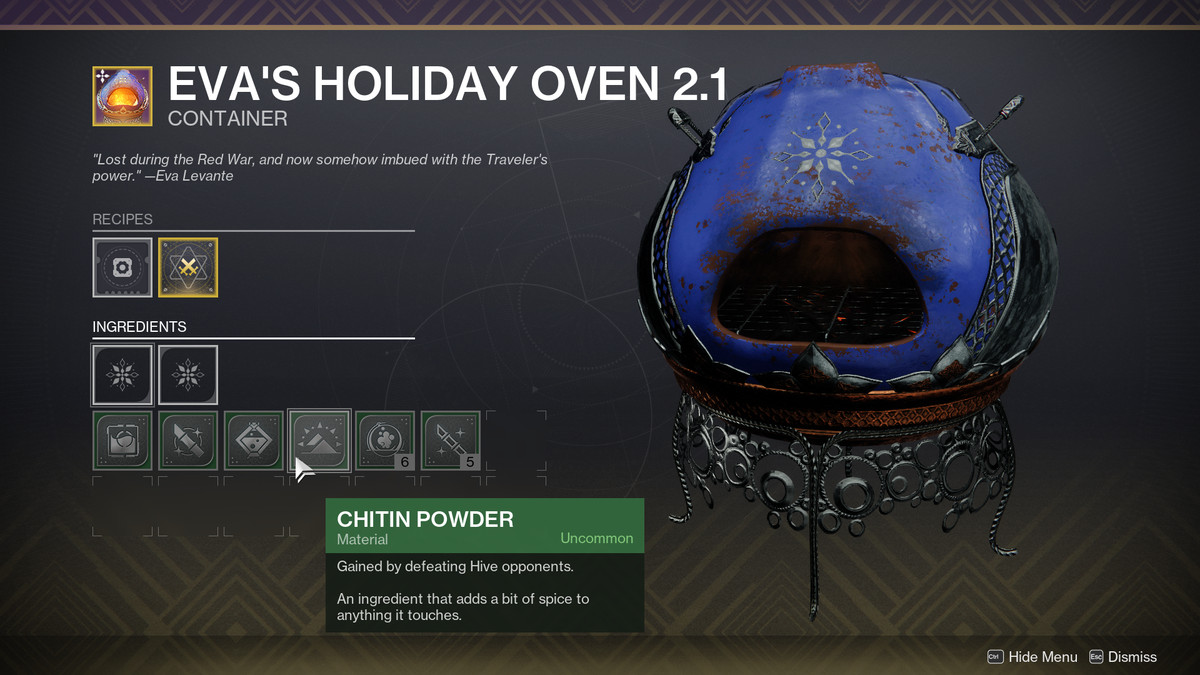 A cursor hovers over the chitin powder ingredient in The Dawning event for Destiny 2