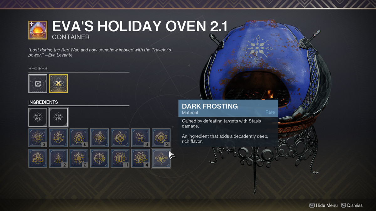 A cursor hovers over the Dark Frosting ingredient in The Dawning event 2023 for Destiny 2