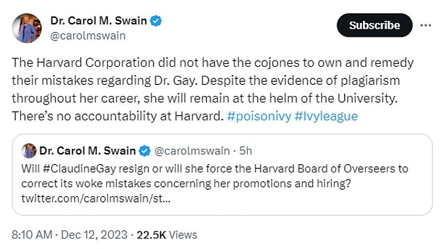 Dr.  Carol Swain, one of the authors Gay allegedly plagiarized, responded to Harvard's decision not to fire its president