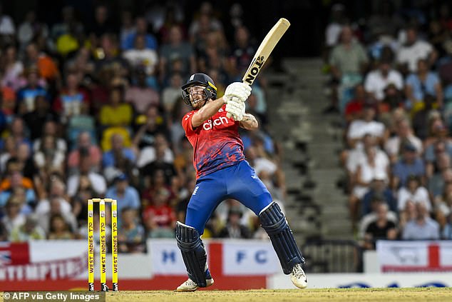 Captain Jos Buttler and Phil Salt (above) took the tourists to 77-0 at the end of the powerplay