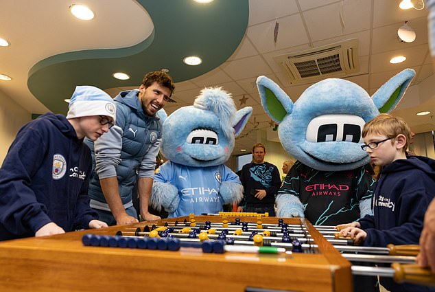 City mascots also got involved in table football, with the team due to fly to the Middle East after this weekend's match against Crystal Palace