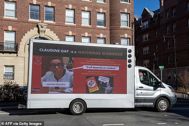 A truck carrying messages for Gay to resign has been spotted near the Harvard campus