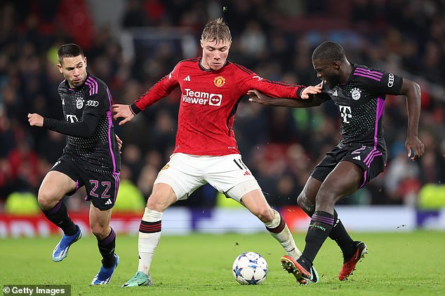 Striker Rasmus Hojlund (centre) received the worst grade of a United player on Tuesday