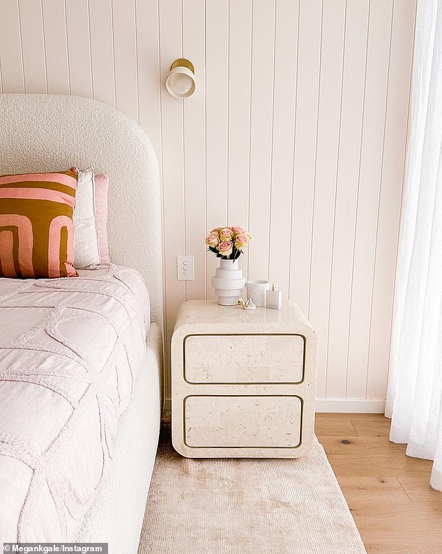 “The end result is a cozy yet chic dream space,” she added.  She also shared a photo of her bedside table, made by the Kuba brand, with a sculptural stone aesthetic in line with the rest of the furniture pieces