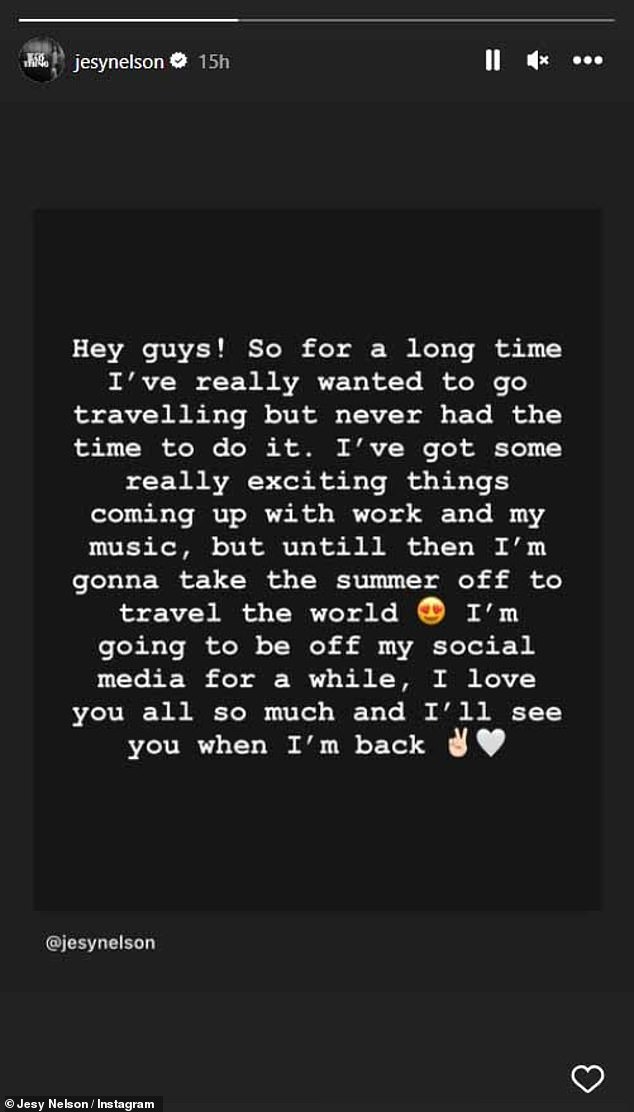 Her latest post comes as Jesy returns to social media for the first time in five months after announcing she would be taking a long break from showbusiness in July.