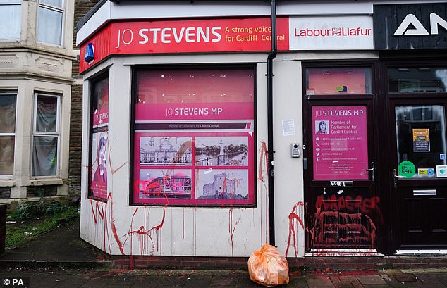 Shadow Welsh secretary Jo Stevens' office in Cardiff was covered in red paint and posters accusing her of having 'blood' on her hands after she failed to vote for a Gaza ceasefire in November