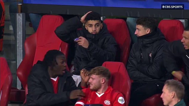 The PSV bench - including Johan Bakayoko (bottom left) - was amazed by the craftsmanship