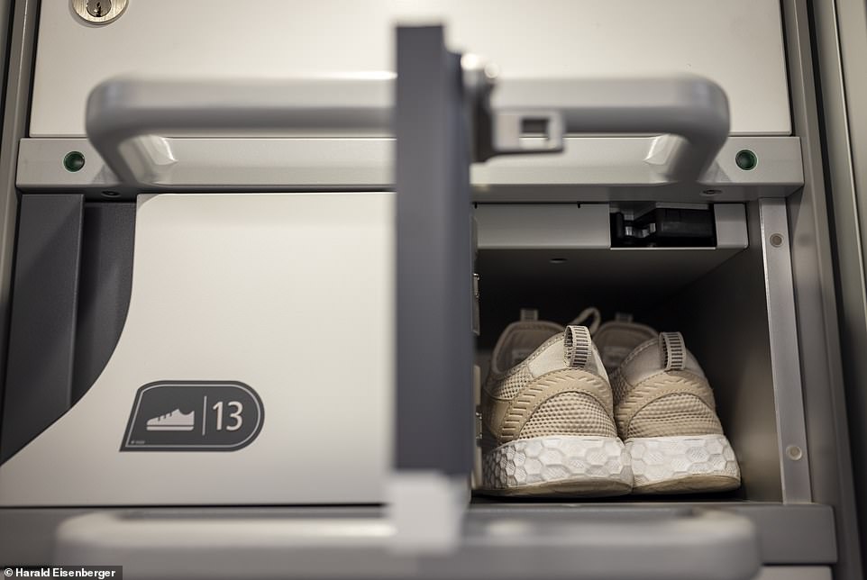 The capsule cabin comes complete with lockers for hand luggage and space for shoes