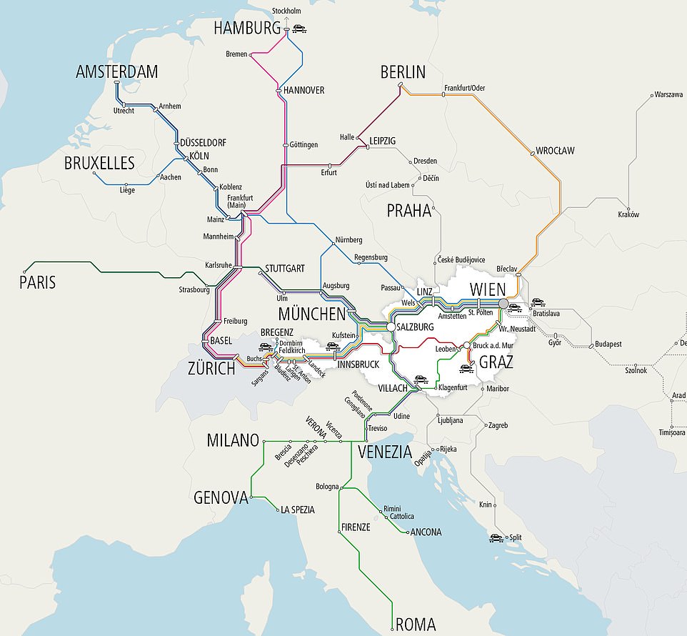 Nightjet route map.  Some destinations are reached with the help of Nightjet's partner rail system, 