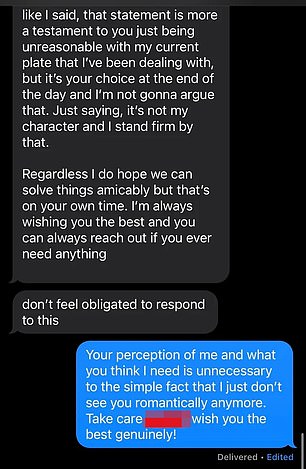 The man's lengthy message defended his actions and then claimed that Mandy wasn't the right choice for him after all because he wanted someone who was more 'understanding'.