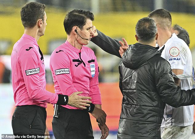 MKE Ankaragucu president launched the vicious attack (pictured) on referee Meler after his side drew 1-1 against Caykur Rizespor in the Super Lig