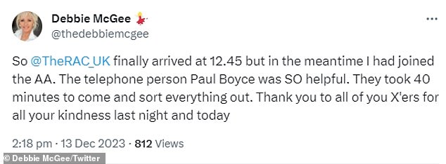 Debbie later tweeted at 2 p.m.  The RAC arrived at 12.45pm - 7pm after her first call