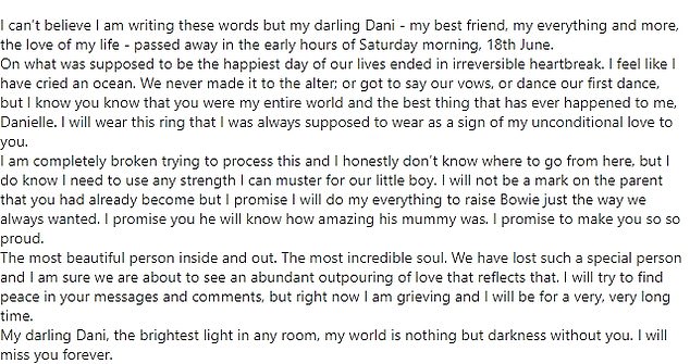 Tom wrote in his Instagram post: 'I can't believe I'm writing these words, but my sweet Dani – my best friend, my everything and more, the love of my life – passed away in the early hours of Saturday morning, June 18th.  '