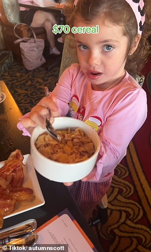 The mother of two paid a high standard price per person for the breakfast menu, but her daughter only wanted a bowl of cereal, meaning the dish cost $70