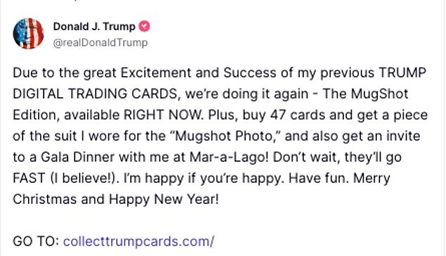 For $4,862.38, supporters of former President Donald Trump can purchase the complete set of 47 digital trading cards and then receive a physical card with a piece of the ex-president's suit that he wore when he had his mugshot taken in August attached to it.