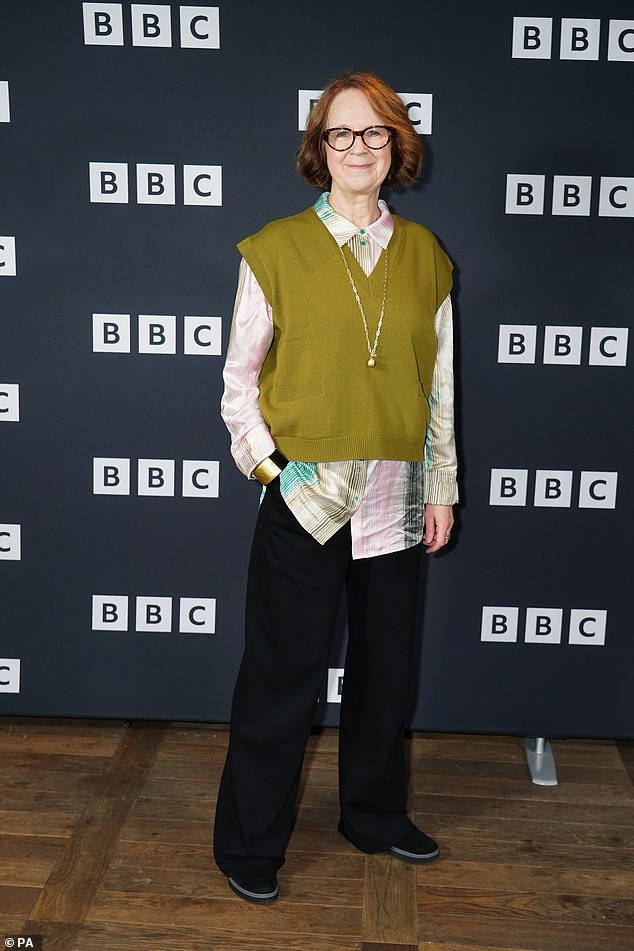 BAFTA TV nominee Vicki, 62, wore an olive green knitted cardigan with a multi-coloured shirt underneath, and paired it with black flared trousers