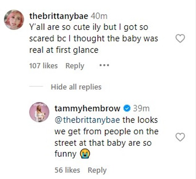 In good spirits, Tammy responded to a fan by jokingly saying that she feels like the doll 'probably moves at night'