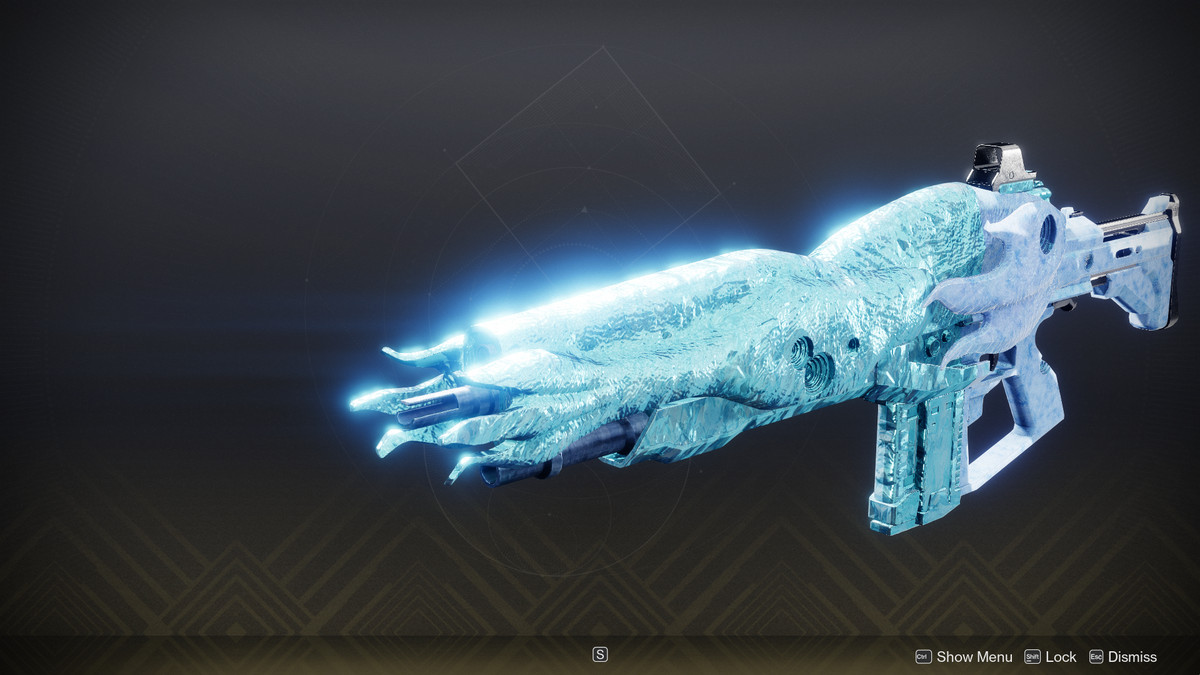 The Dawning Memento's unique Rime Keepsake shader applied to the Rufus's Fury (Adept) autogun in Destiny 2