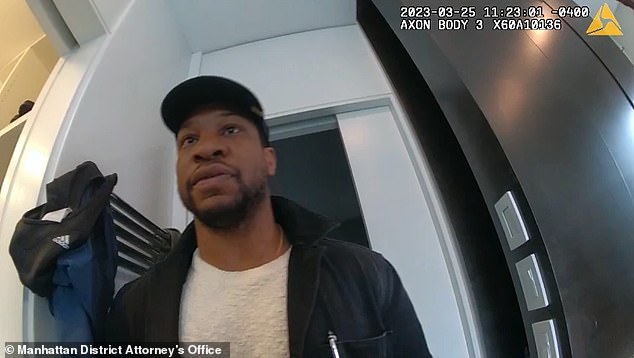 Jonathan Majors is seen on a police bodycam when he was arrested in March.  The clip is part of the evidence released during his assault trial