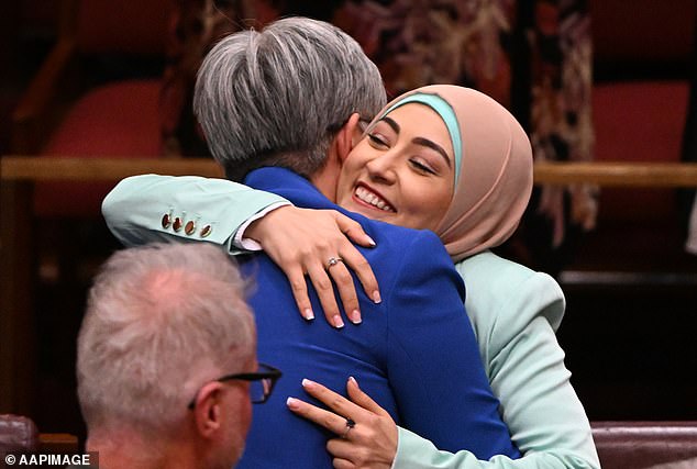 Labor newcomer Fatima Payman (pictured hugging Penny Wong) has backed Palestine and called on Israel to show restraint for weeks, despite the initial party line defending Israel's right to defend itself.