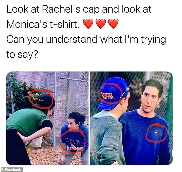 They suggested that Monica and Chandler were both wearing Giants gear and Ross and Rachel were sporting Nike gear, hinting that they would end up together at the end of the show.