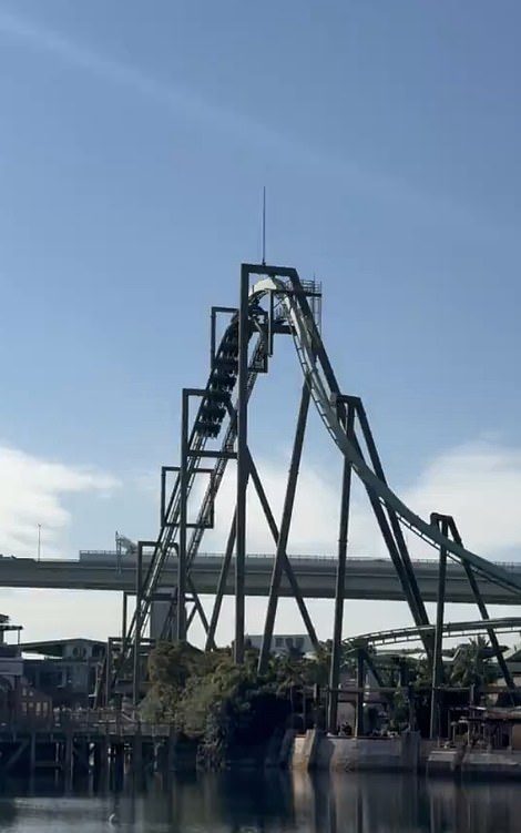 The amusement park said the crowded ride made an emergency stop this morning around 10:55 a.m. halfway through the 1,100-meter ride - at its peak height of 45 meters.