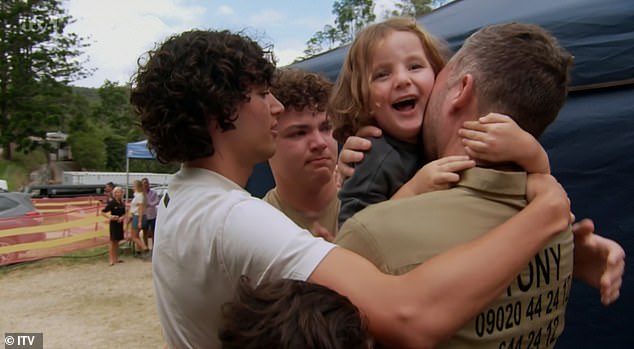 He then broke down as soon as he saw them and hugged each of them individually before carrying Carson on his shoulders