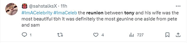 On Twitter, someone commented on the moment, saying: 'The reunion between Tony and his wife was the sweetest, but it was definitely the most heartfelt, apart from Pete and Sam'