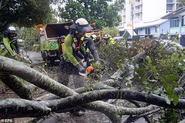 The cyclone knocked down trees and power lines as it entered Queensland as a Category 2 storm (pictured in Cairns)