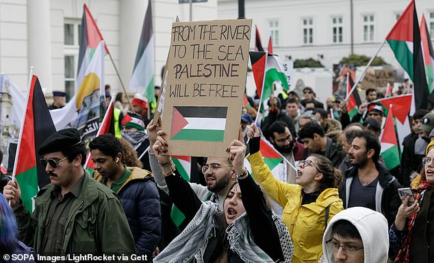 Ms Kaninna concluded her short rant by reciting a popular pro-Palestine chant: 'From the river to the sea, Palestine will be free' (pictured shows the phrase on a sign at a pro-Palestine protest)