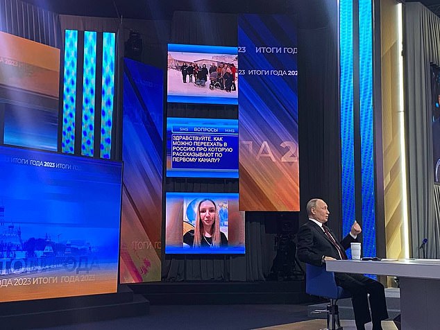 This question, which appeared on a screen behind Putin, read: “Hello.  When will it be possible to move to the Russia they tell us about on Channel One?'