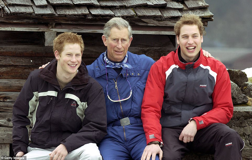 Photos from the show, previously released, show William and Kate sharing a heartfelt moment at university, while another captures one of William and Harry's ski trips with their father, Prince Charles.  The king in the photo with his sons in 2005