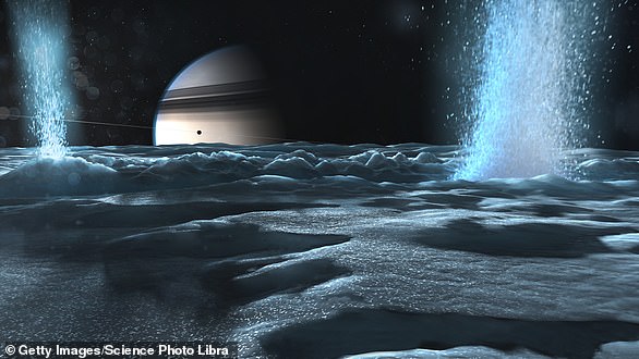 Near Enceladus's south pole, the ocean beneath the icy crust is spewing methane - an organic molecule produced or used by microbial life (artist's impression).