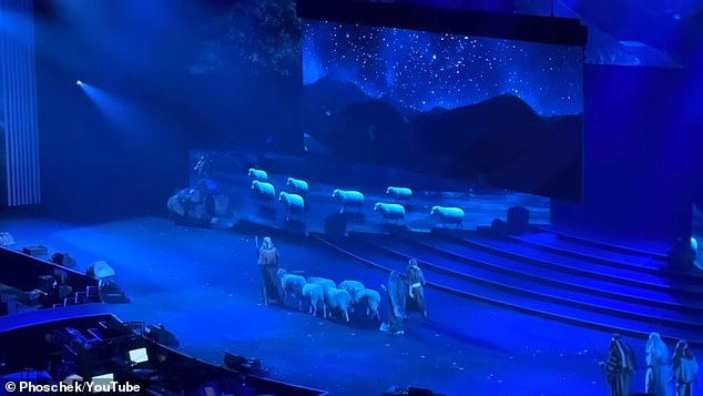 Footage from Sunday's event shows real sheep walking across the stage