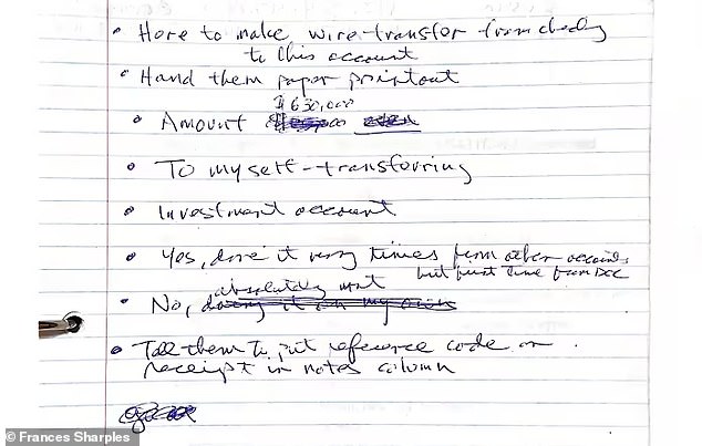 Sharples' handwritten script, dictated by the scammers to allay her bank's concerns as she prepared to transfer her money