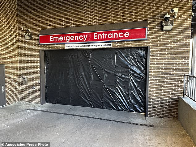 This photo shows where the Sanford Health Emergency Department's main vehicle entrance and ambulance garage sustained damage Wednesday in connection with Ian Cramer's drive away from the hospital