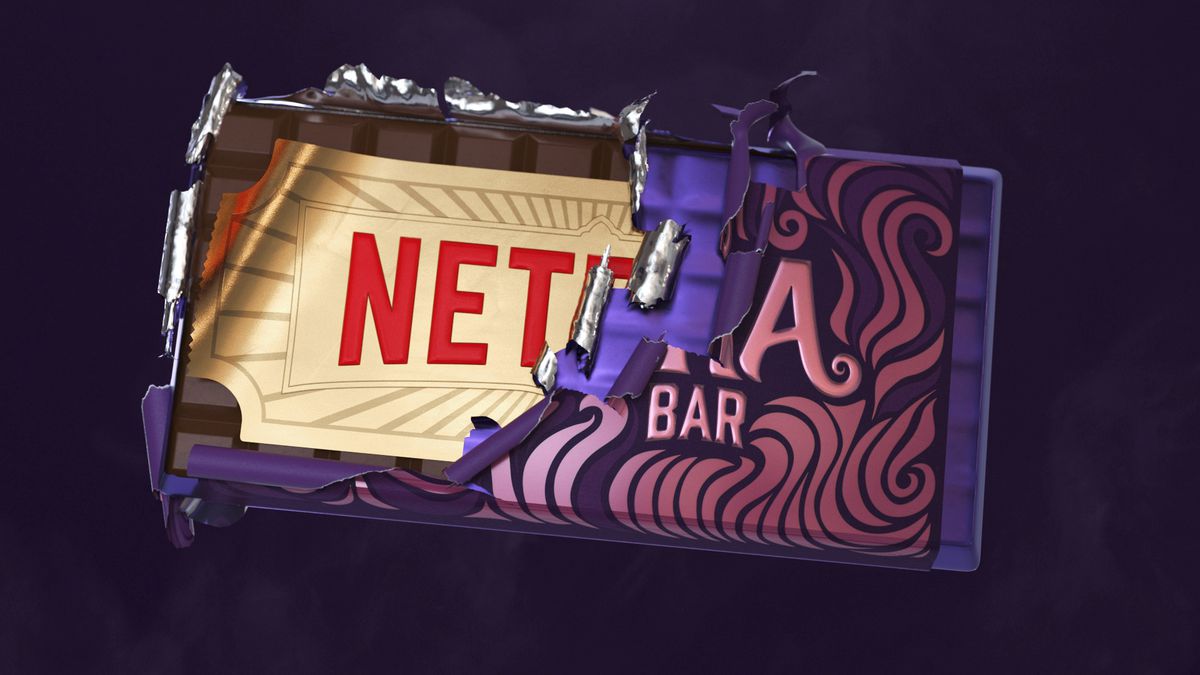 A Wonka candy bar reveals the Netflix logo in a press release image for the streaming service's Roald Dahl deal