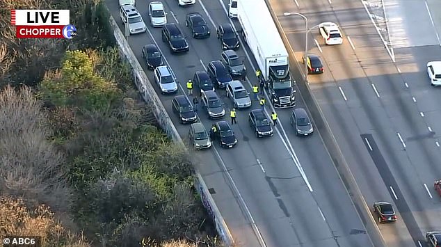 Traffic was heavy on the highway as protesters hoped to get out of their cars, blocking westbound lanes and calling for a ceasefire in Gaza.