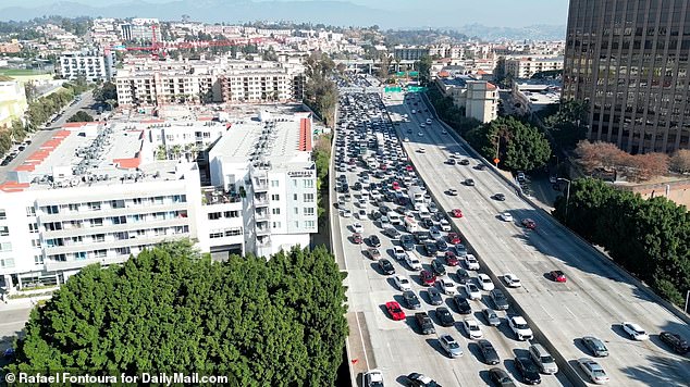 Cars are stuck on busy I-110 Wednesday as anti-Israel protests bring rush hour to its knees