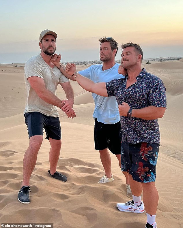 Her husband was noticeably absent and instead decided to travel to Dubai for a family getaway with his genetically blessed brothers Liam and Luke